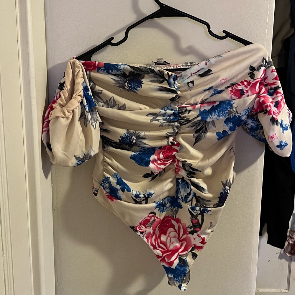 Fashion Nova Floral Off-Shoulder Bodysuit - Cream, Pink, Blue